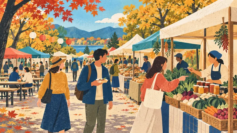 公園にテントが並び、人が行き交う物産型のイベントのイメージ画像