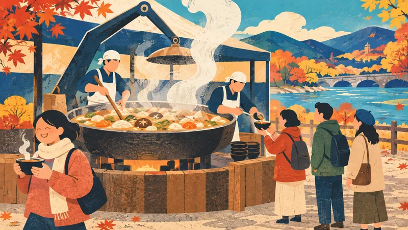 湯気の立つ大鍋を囲む人々を描いた単品型のイベントのイメージ画像